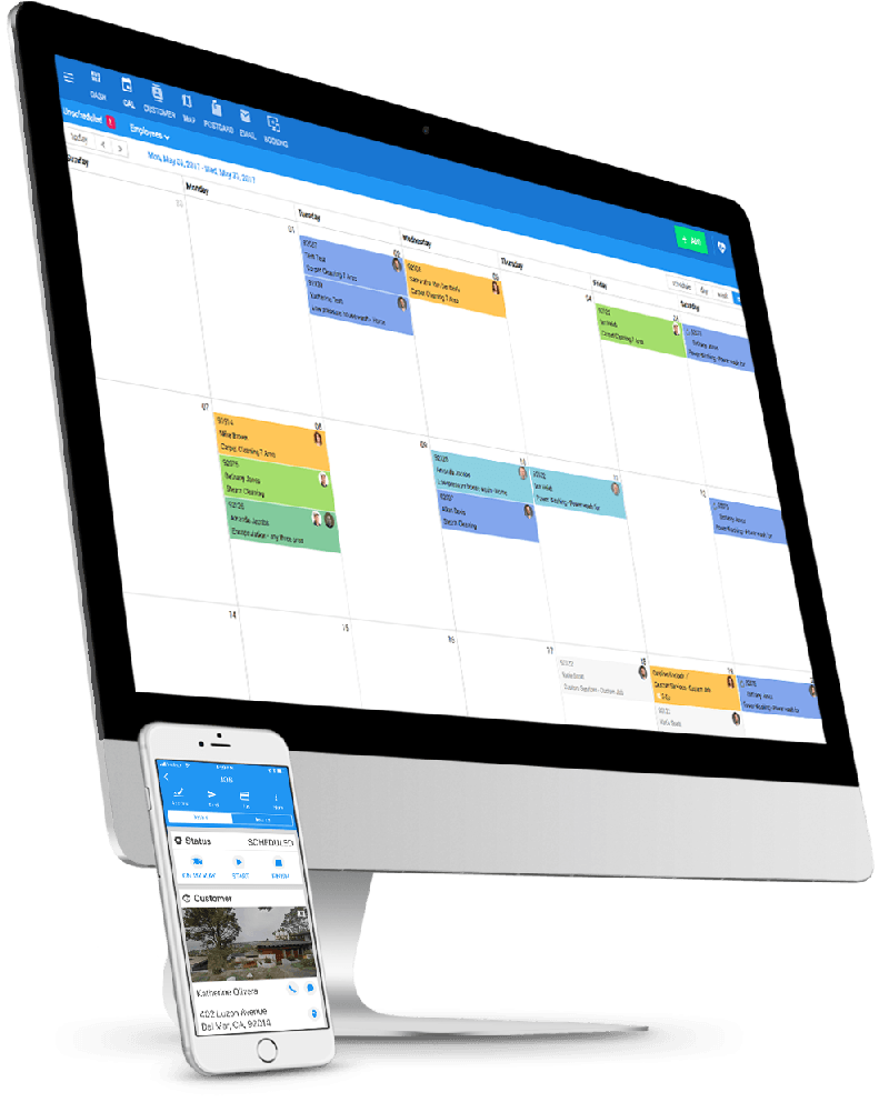 Apple Macbook with Housecall Pro Calendar Details Page and Apple iPhone with Housecall Pro Job Details Page